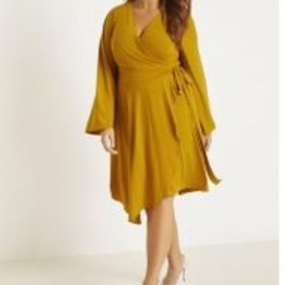 Eloquii Bell Sleeve Asymmetrical Hem Wrap Dress